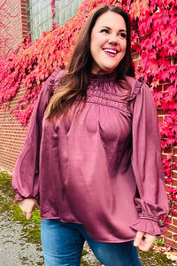 WINE MARSALA BE YOUR BEST SATIN SHIRRED YOKE FRILLY MOCK NECK BLOUSE
