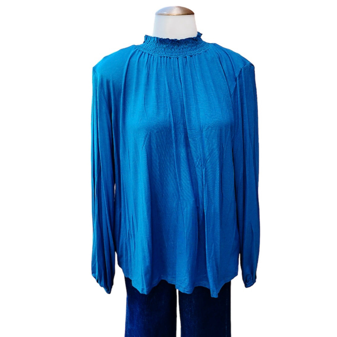 Teal Smocked Neck Long Sleeve Top-PLUS