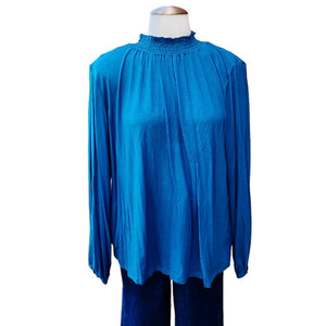 Teal Smocked Neck Long Sleeve Top-PLUS