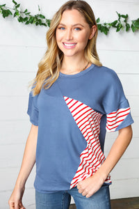 RED BLUE STAR STRIPE DETAIL FRENCH TERRY PATRIOTIC TOP- MEDIUM