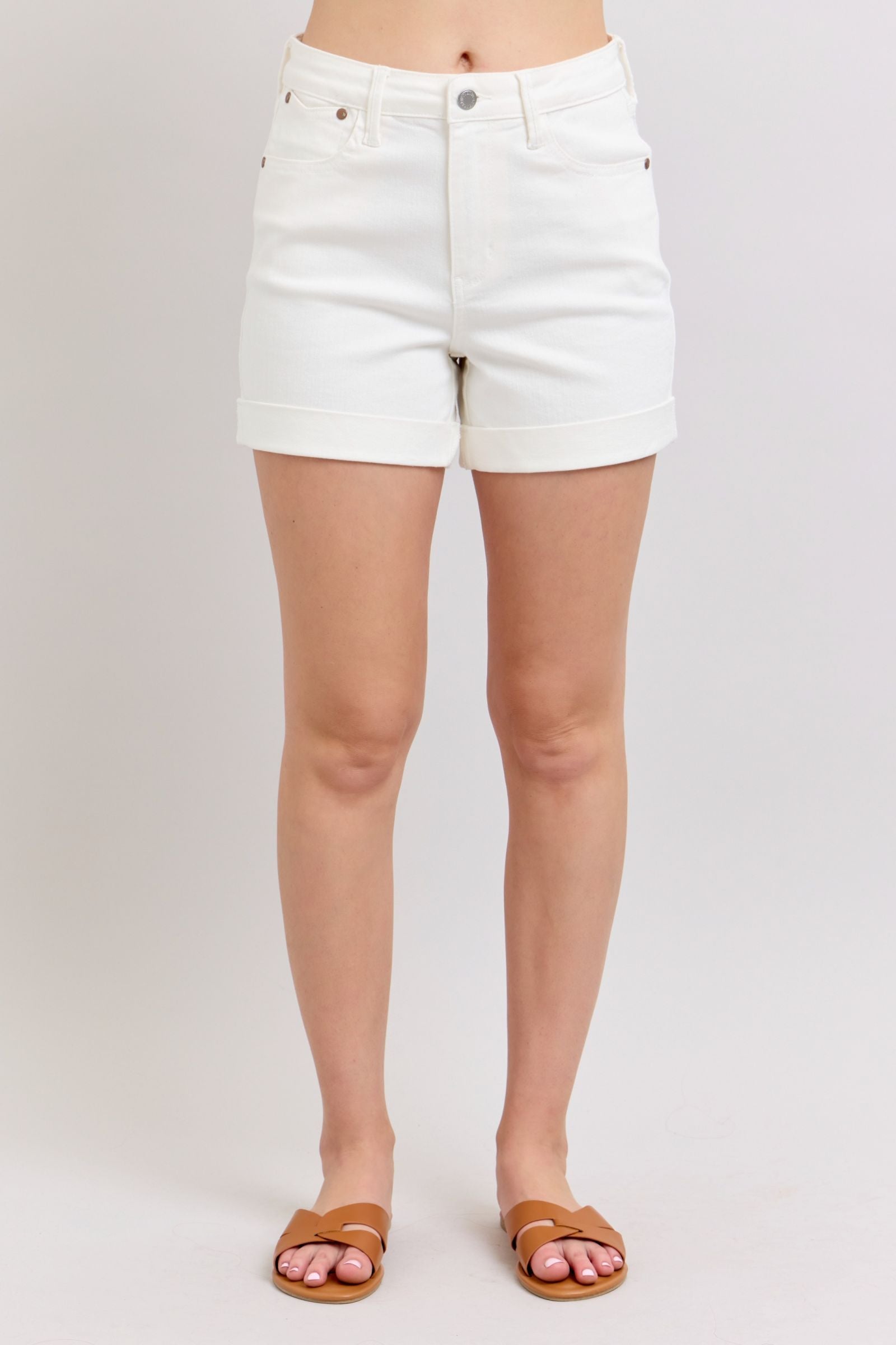 WHITE DOUBLE ROLL CUFFED JUDY BLUE SHORTS-PLUS