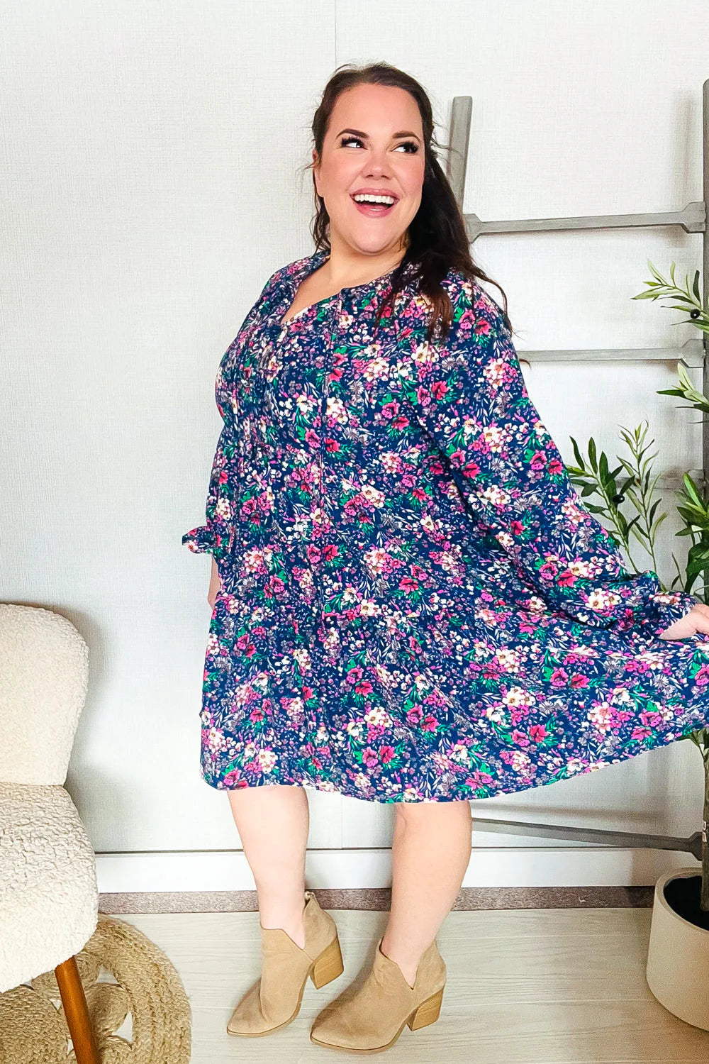 NAVY FLORAL BOW TIE BABYDOLL LONG SLEEVE RUFFLE DRESS