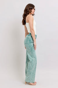HIGH WAIST SEA GREEN GARMENT DYED RAW HEM “DAD JEANS” JUDY BLUE DENIM