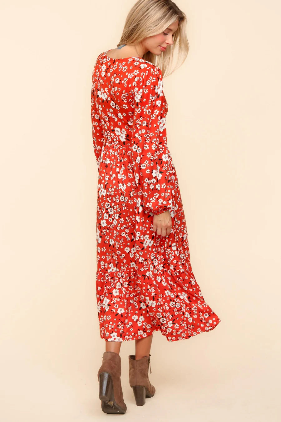 RUST VERMILION MIDI LENGTH FLORAL PRINT POCKETED MAXI DRESS