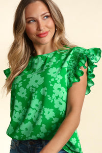 KELLY GREEN SMOCKED RUFFLE FRILLY SHORT SLEEVE FLORAL WOVEN BLOUSE