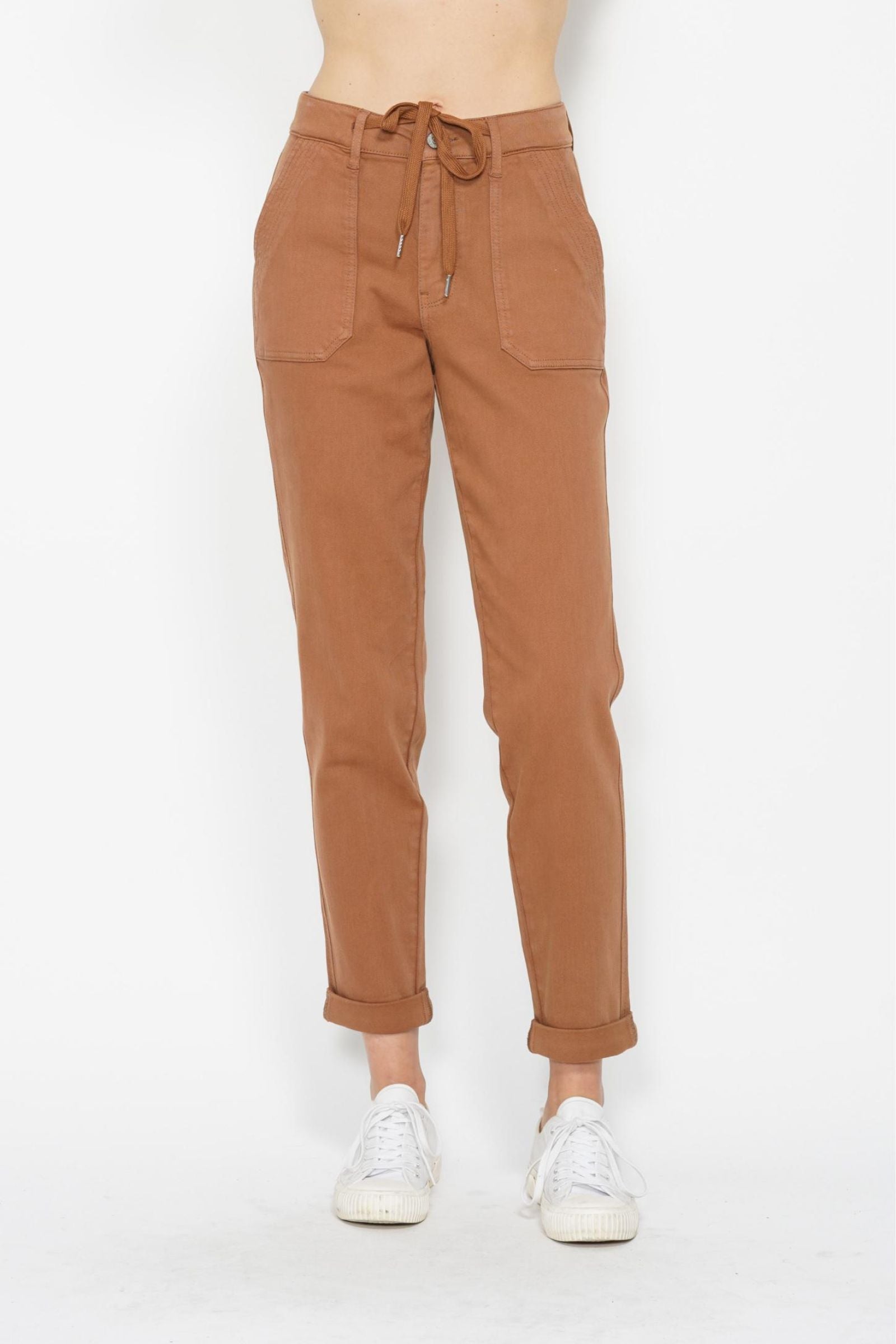 CAMEL HIGH WAIST GARMENT DYED CUFFED JOGGERS JUDY BLUE DENIM