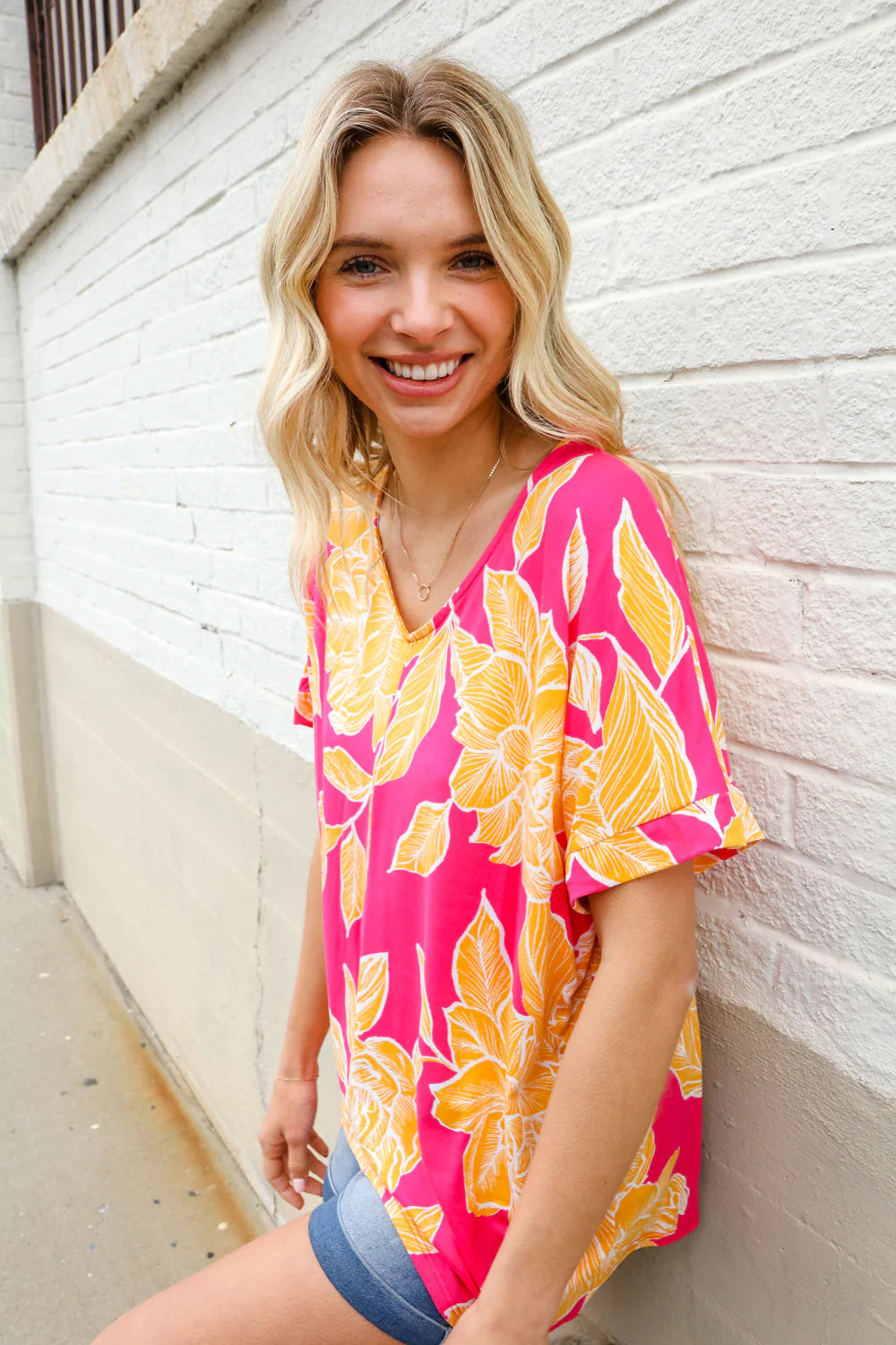 MAGENTA ORANGE FLORAL DROP SHOULDER KNIT VNECK TOP- SALE