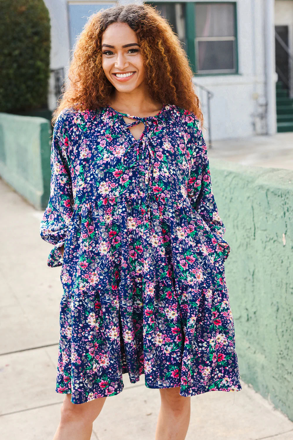 NAVY FLORAL BOW TIE BABYDOLL LONG SLEEVE RUFFLE DRESS