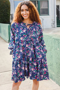 NAVY FLORAL BOW TIE BABYDOLL LONG SLEEVE RUFFLE DRESS