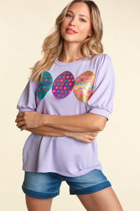 LILAC SEQUINS EASTER EGGS BUBBLE PUFF SLEEVE KNIT TOP-PLUS