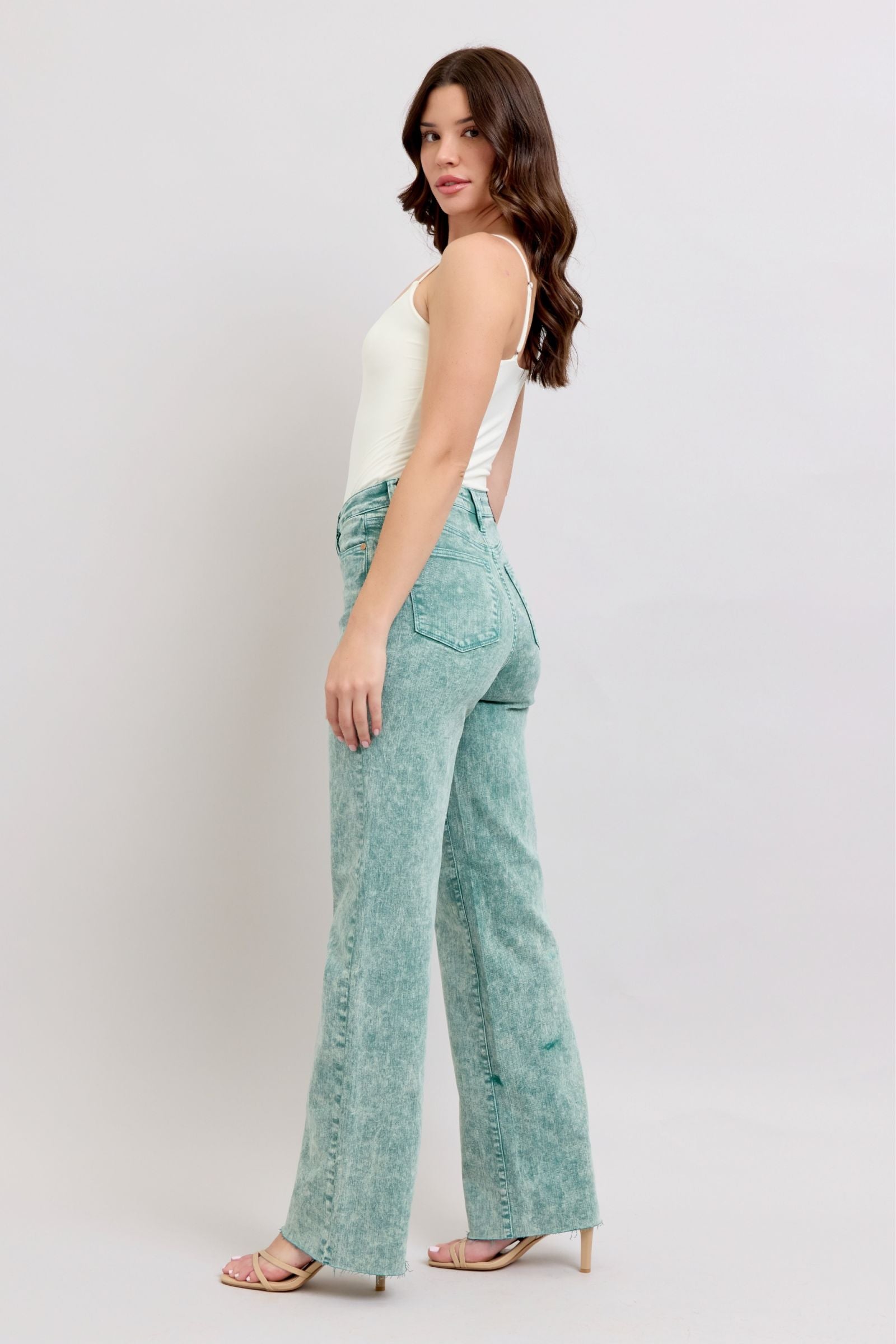 HIGH WAIST SEA GREEN GARMENT DYED RAW HEM “DAD JEANS” JUDY BLUE DENIM