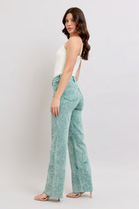 HIGH WAIST SEA GREEN GARMENT DYED RAW HEM “DAD JEANS” JUDY BLUE DENIM