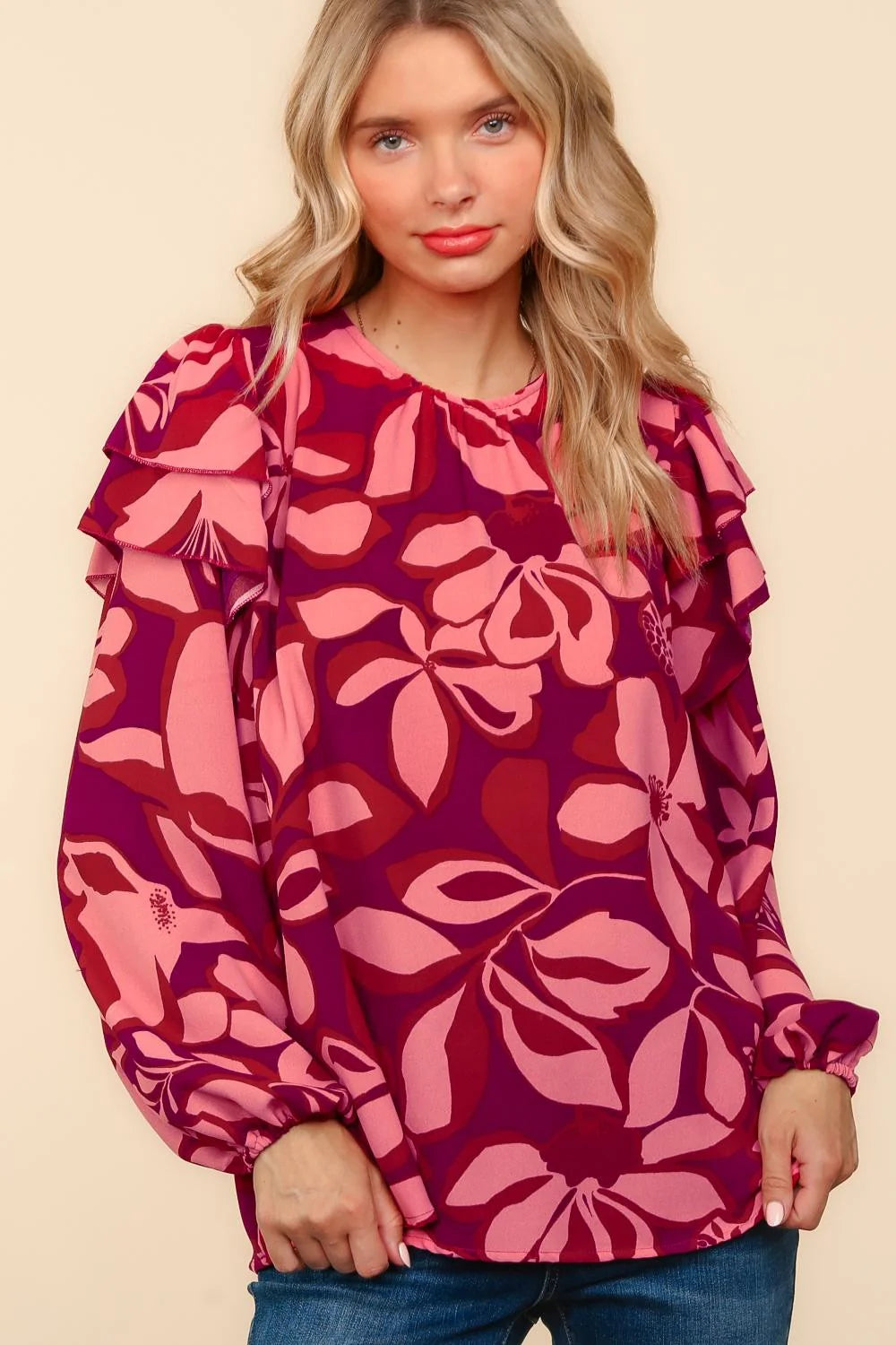 FLORAL RUFFLE SLEEVE BUBBLE LONG SLEVE WOVEN RED FUCHSIA TOP-PLUS