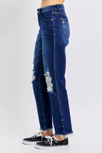 HIGH WAIST RIGID MAGIC HEAVY DESTROYED STRAIGHT DARKWASH JUDY BLUE DENIM