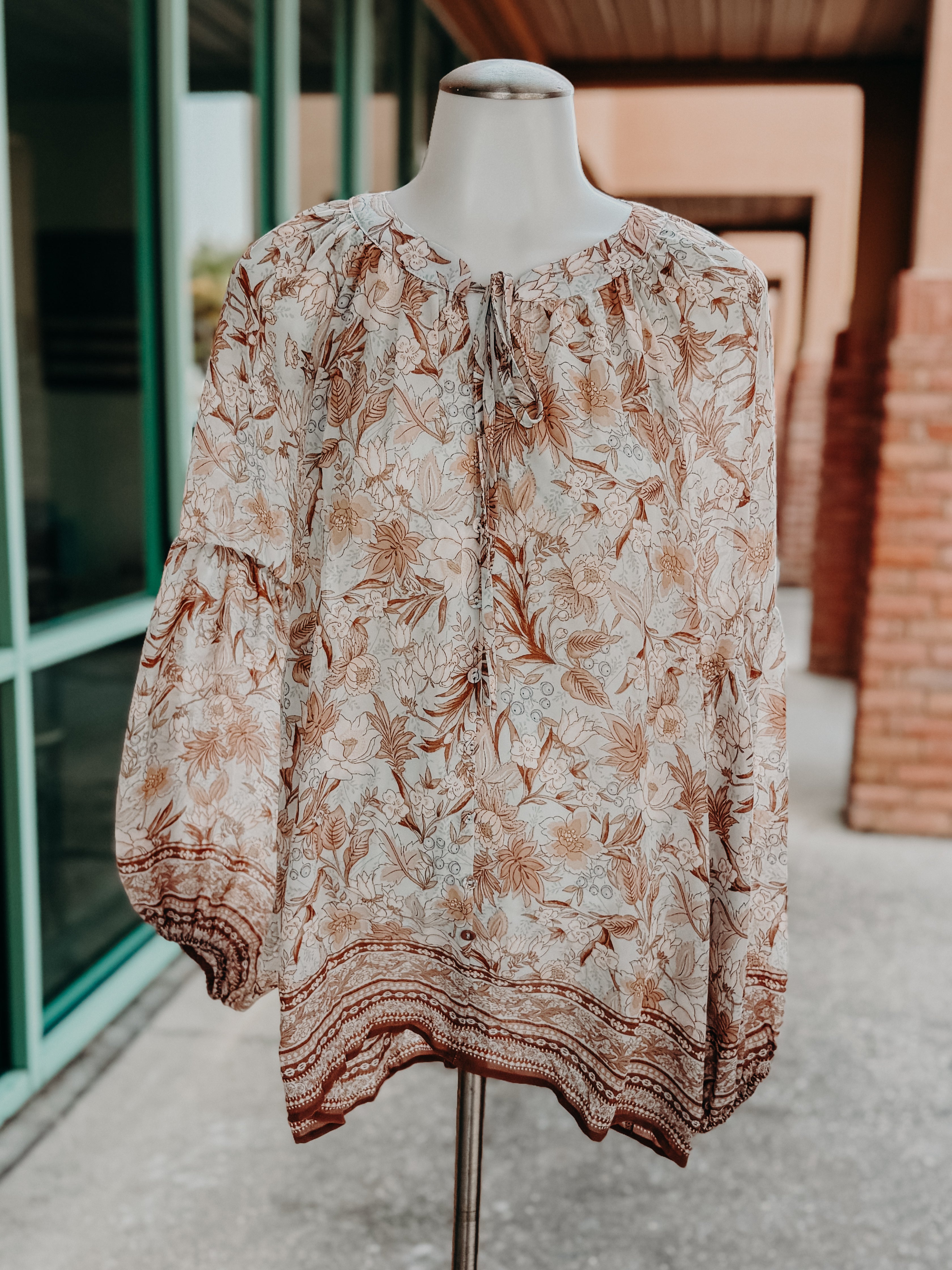 Brown Floral Balloon Sleeve Button Blouse- PLUS- SALE- 3X LEFT