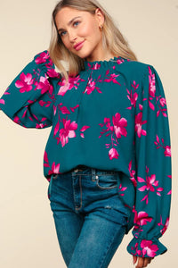 TEAL MAGENTA FRILLY FLORAL MOCK NECK BUTTON PRINTED TOP-PLUS