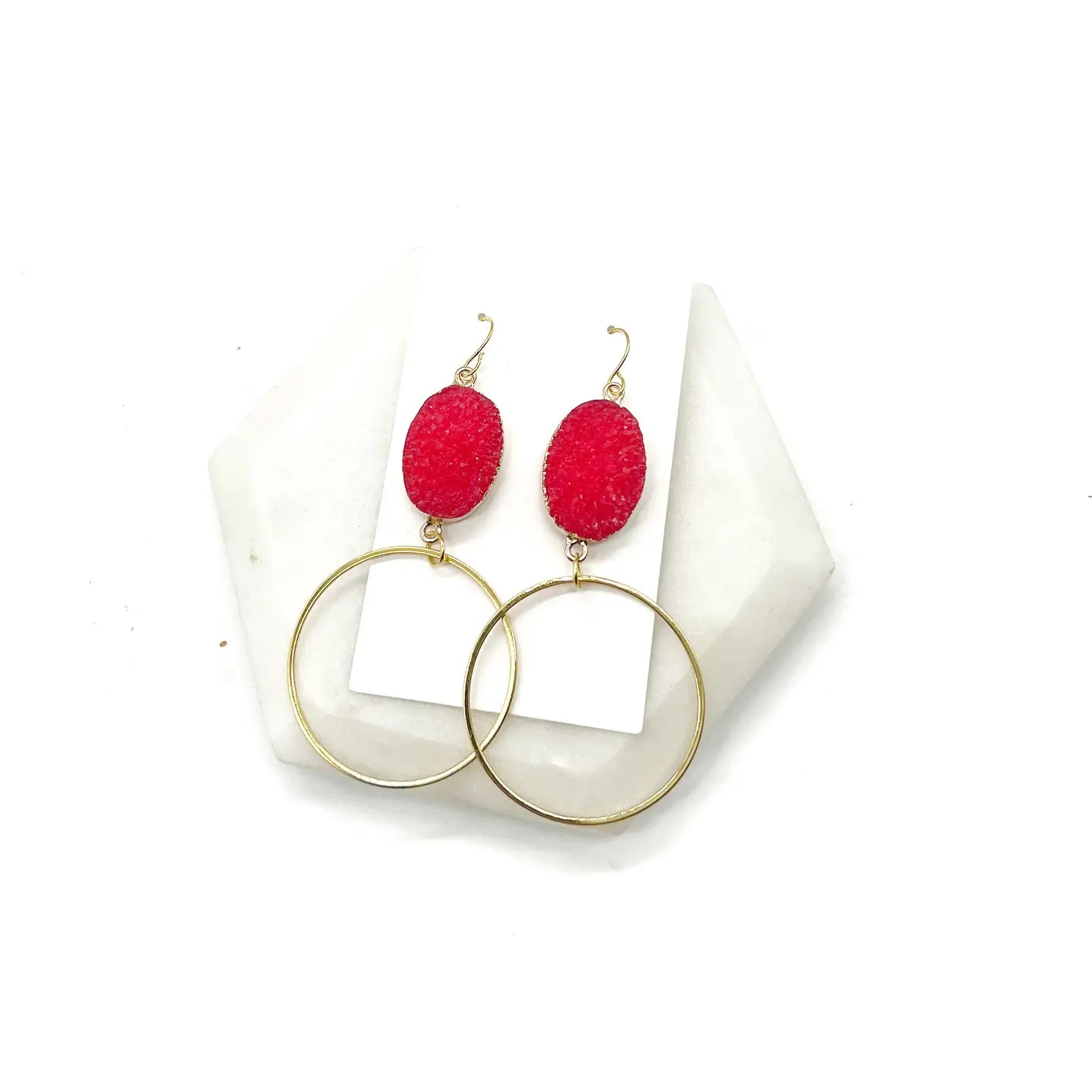 RED DRUZY GOLD CIRCLE HOOP STATEMENT DANGLY HANDMADE BBB EARRINGS