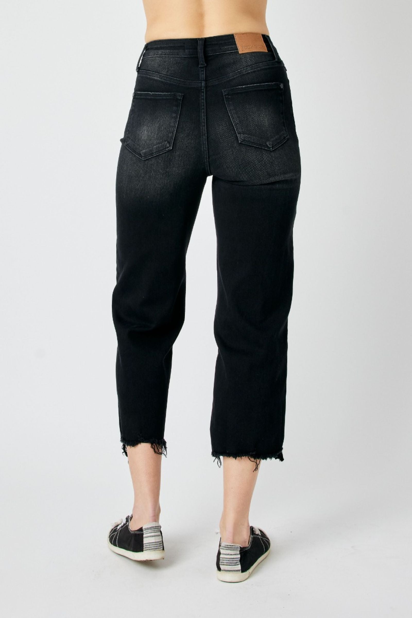 BLACK HIGH WAIST DESTROYED RAW HEM CROP WIDE LEG JUDY BLUE DENIM