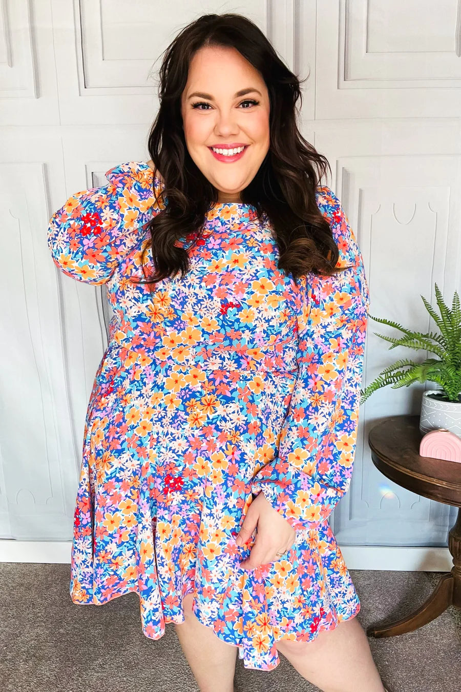 LILAC FLORAL PRINT LONG SLEEVE DRESS-PLUS