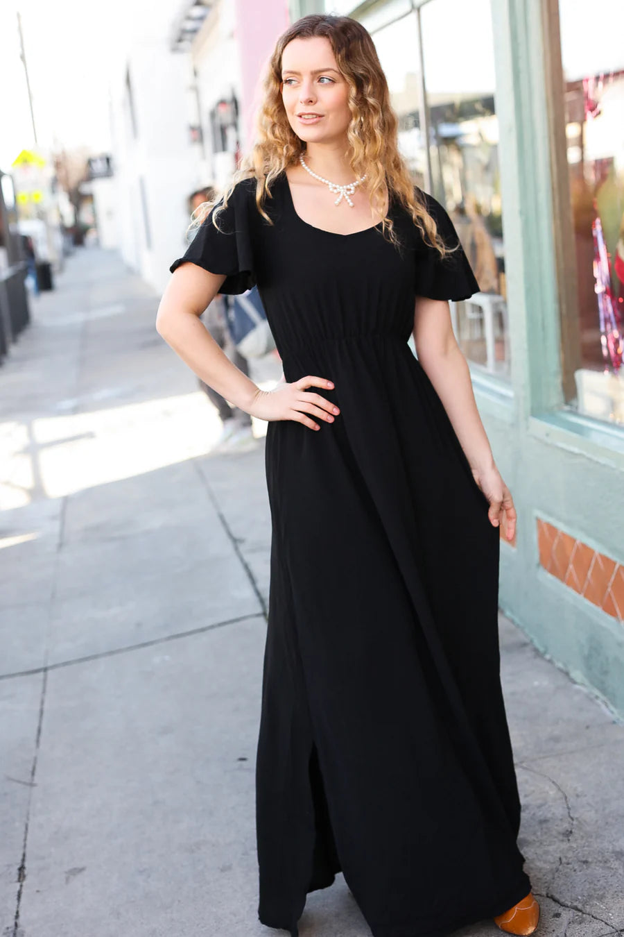 BLACK SOLID RUFFLE MAXI DRESS