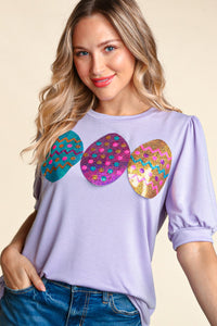 LILAC SEQUINS EASTER EGGS BUBBLE PUFF SLEEVE KNIT TOP-PLUS