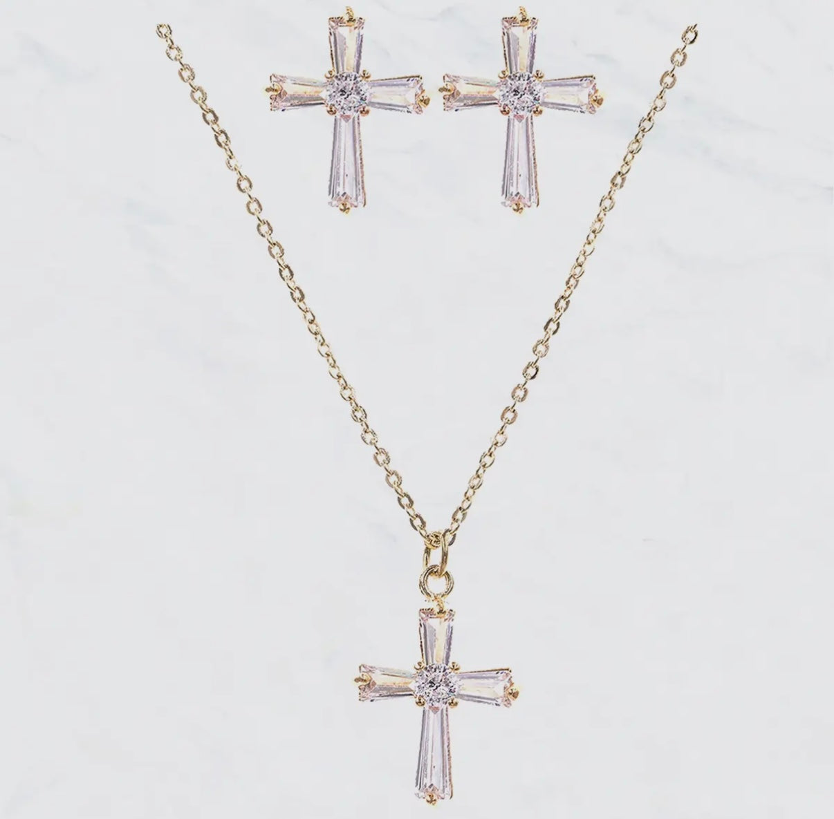 CUBIC ZIRCONIA RHINESTONE CROSS PENDANT NECKLACE & EARRING SET