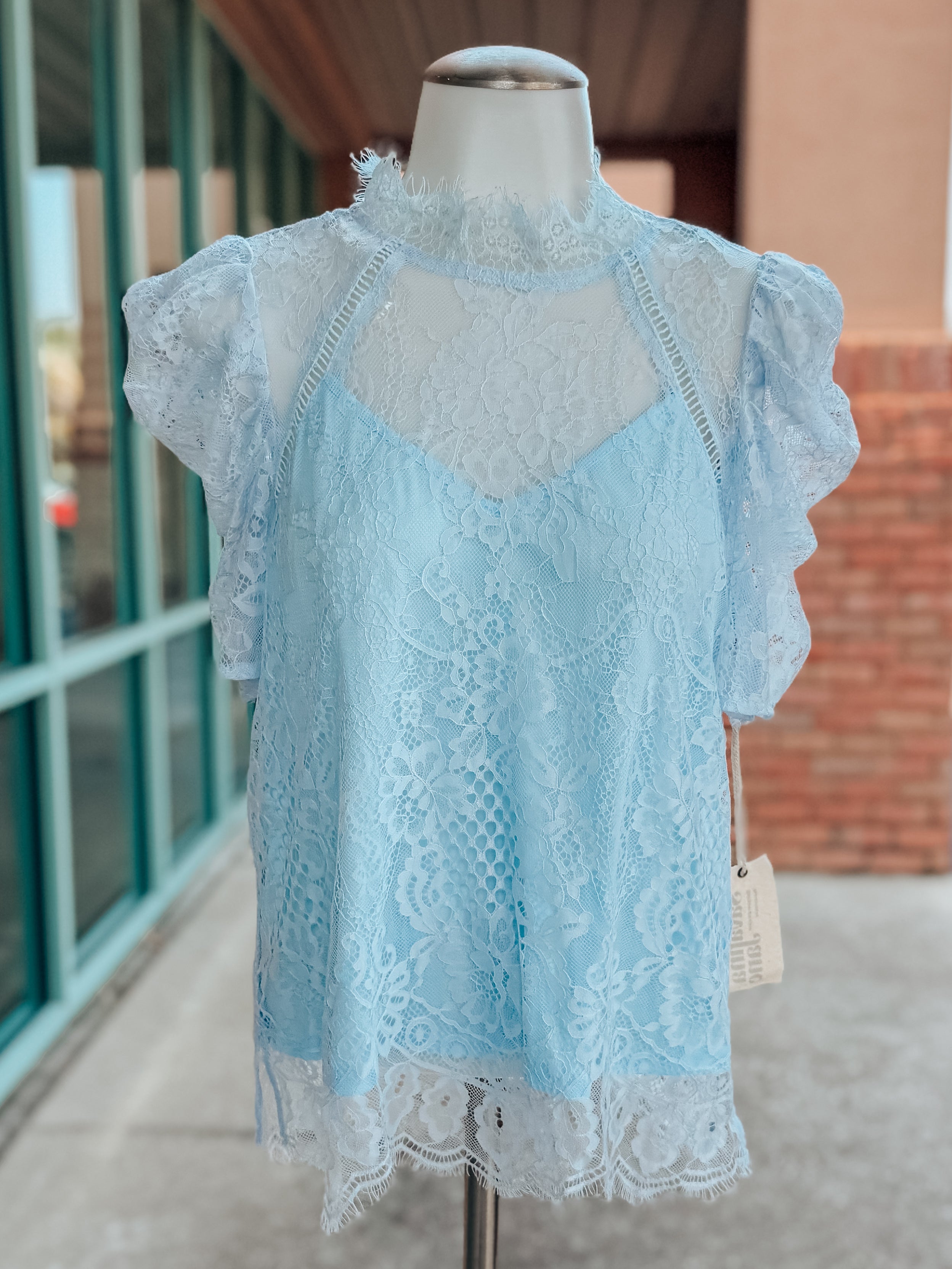 Baby Blue Lace Mock Neck Top- SALE