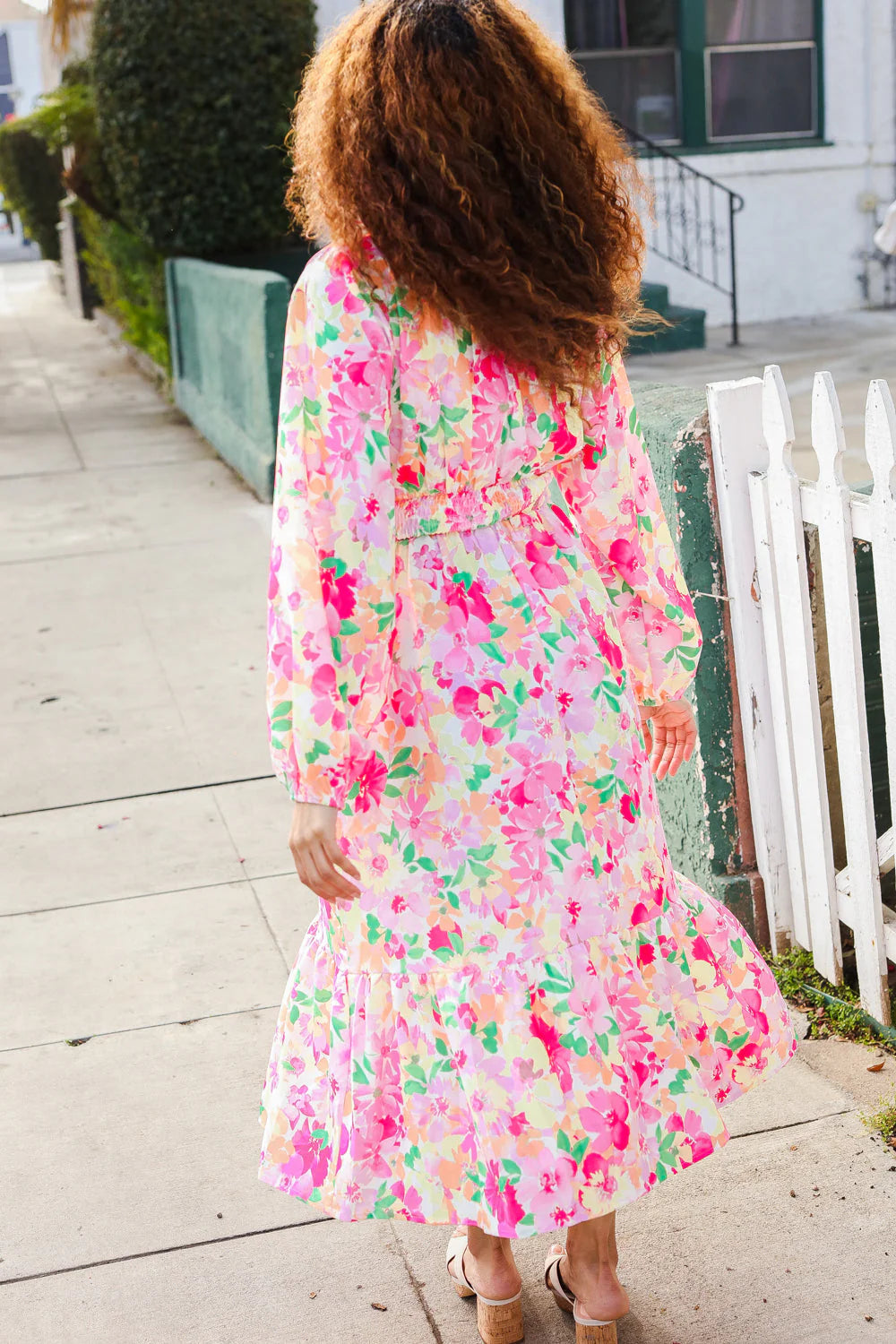 NEON PINK GREEN PEACH FRILLY VNECK RUFFLE SHIRRED WAIST FLORAL MAXI DRESS