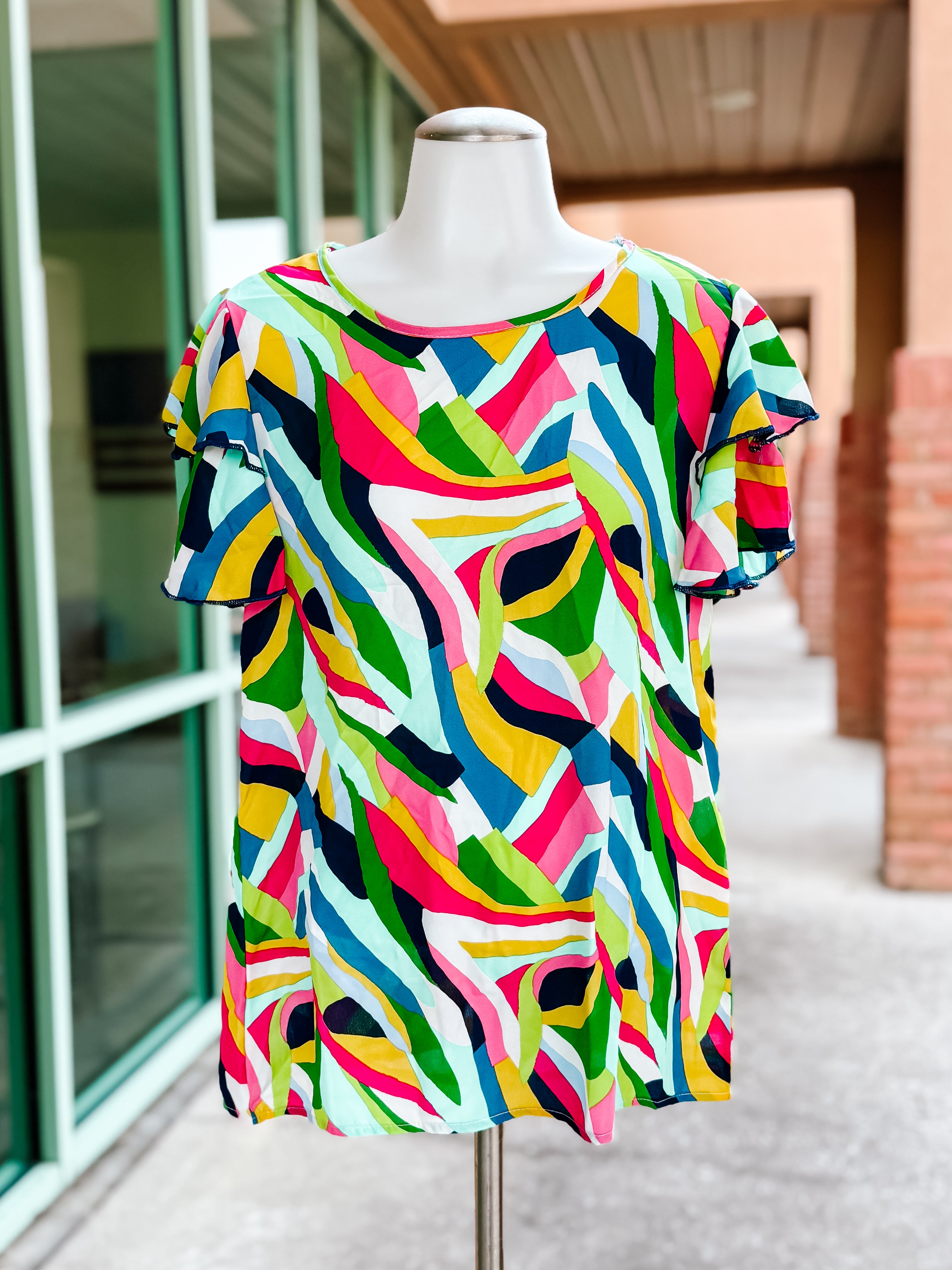 Green Navy Geometric Rufle Top- SALE