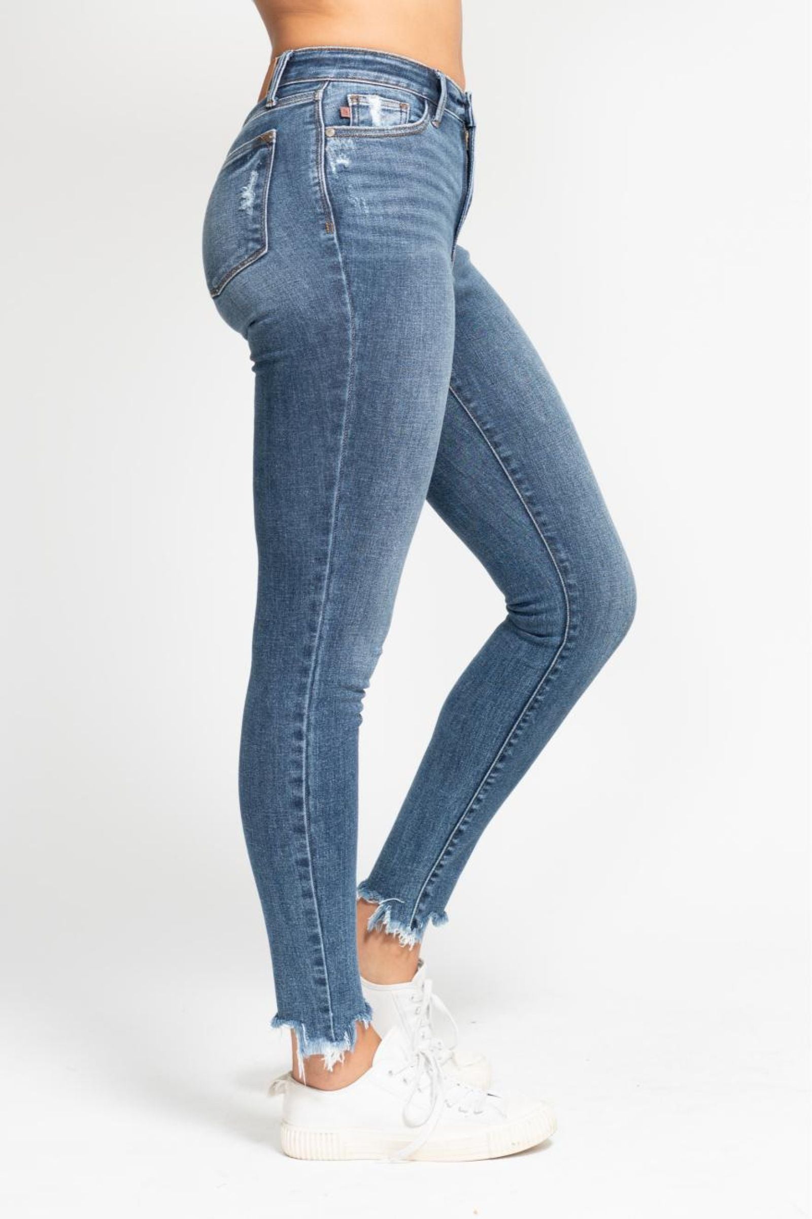 HIGH WAIST MEDIUM WASH SHARKBITE HEM SKINNY WITH DESTROY JUDY BLUE DENIM