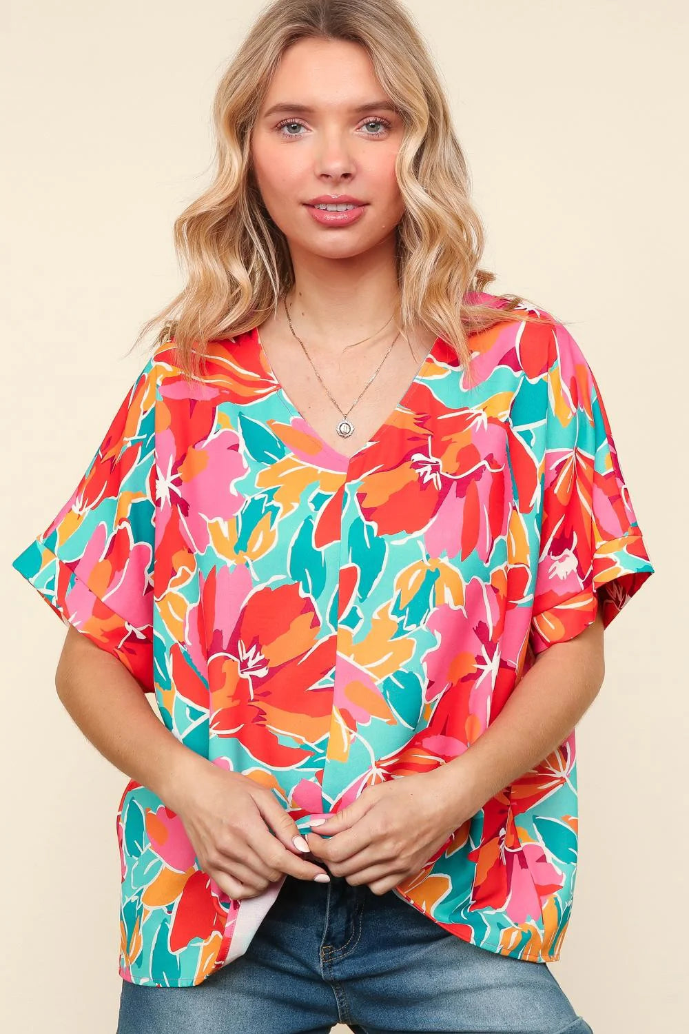 AQUA FUCHSIA FLORAL WOVEN DOLMAN BLOUSE