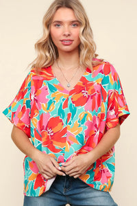 AQUA FUCHSIA FLORAL WOVEN DOLMAN BLOUSE