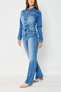 Judy Blue Medium Wash High Waist Denim Long Sleeve Jumpsuit Slim Straight