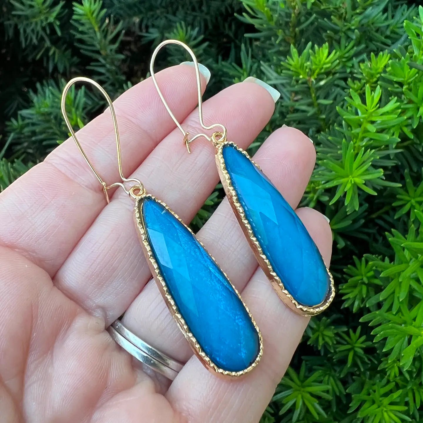 TURQUOISE GOLD LONG GEMSTONE TEARDROP ACRYLIC STATEMENT HANDMADE BBB EARRINGS