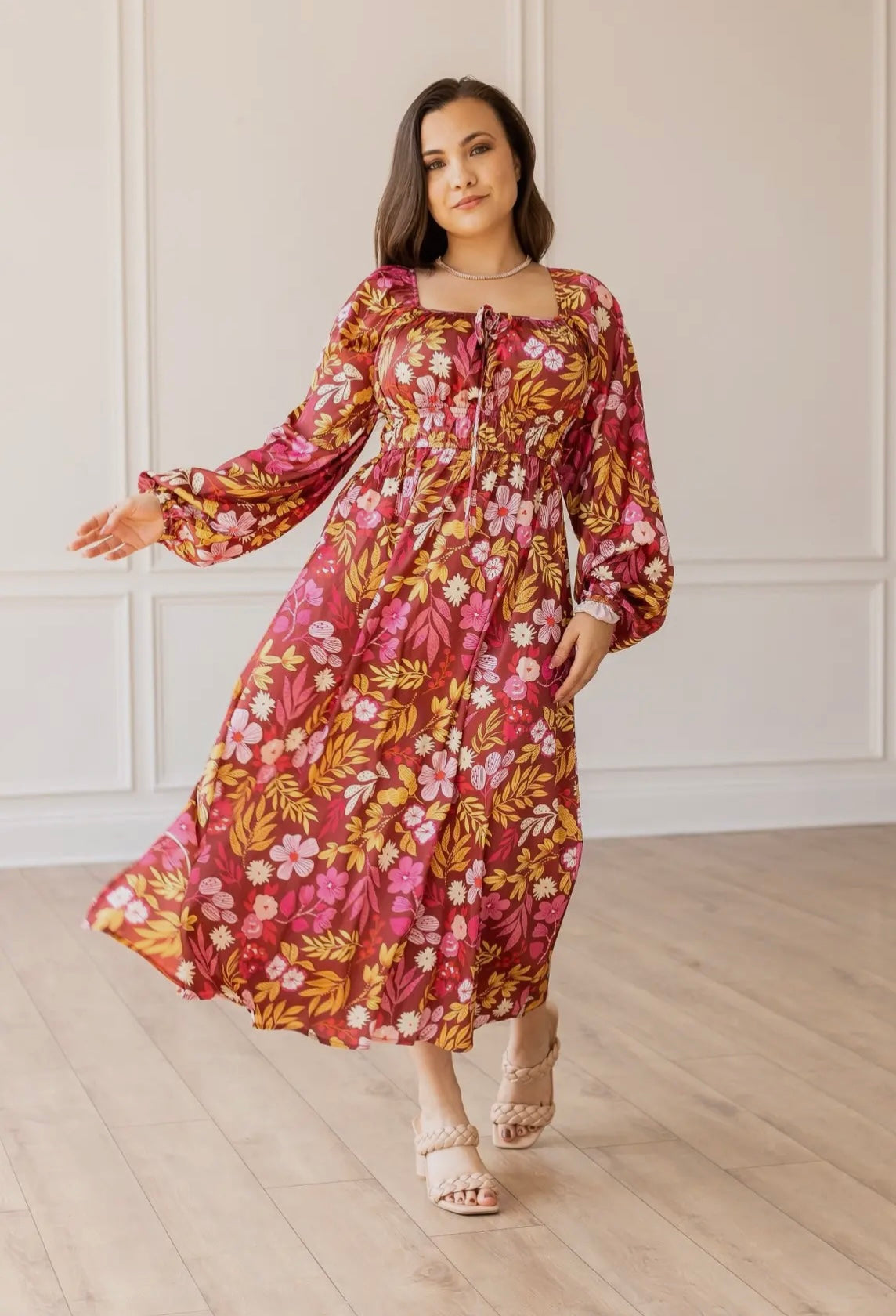 WINE GRADEN ROMANCE SATIN PRINTED MAXI DRESS