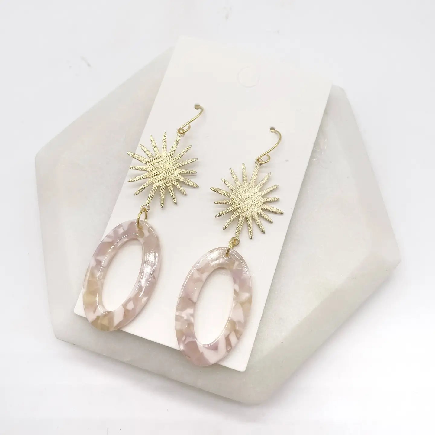 PEACH OVAL LOOPED SUNBURST SPARK ACRYLIC GOLD STATEMENT HANDMADE BBB EARRINGS