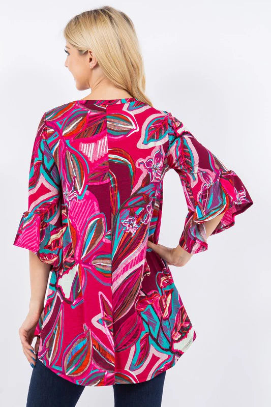 MAGENTA TEAL ABSTRACT PRINT BELL SLEEVE TOP-PLUS