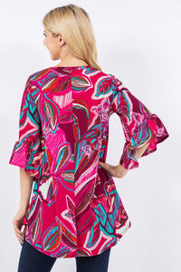 MAGENTA TEAL ABSTRACT PRINT BELL SLEEVE TOP-PLUS