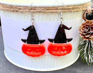 Black Hat Jack O Lantern Acrylic Earrings