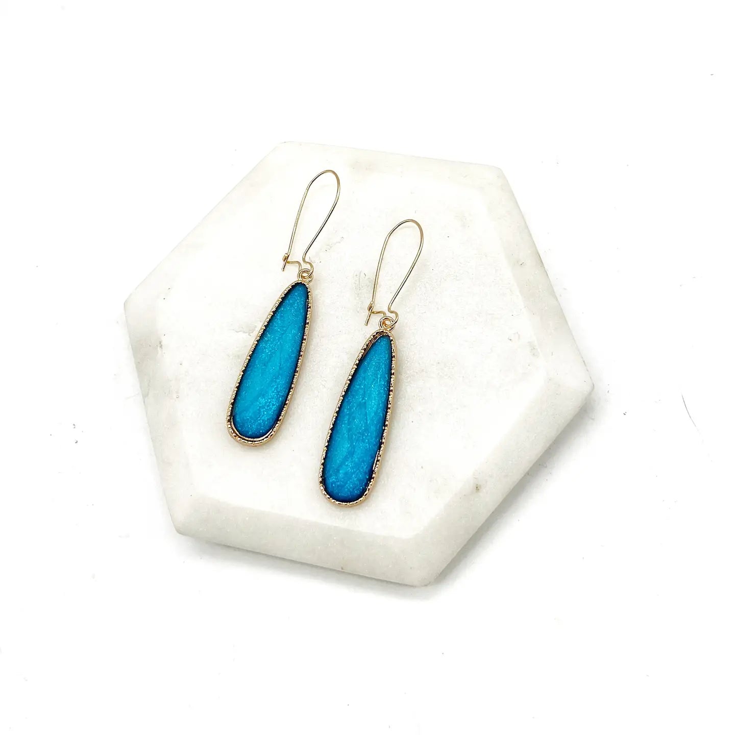 TURQUOISE GOLD LONG GEMSTONE TEARDROP ACRYLIC STATEMENT HANDMADE BBB EARRINGS