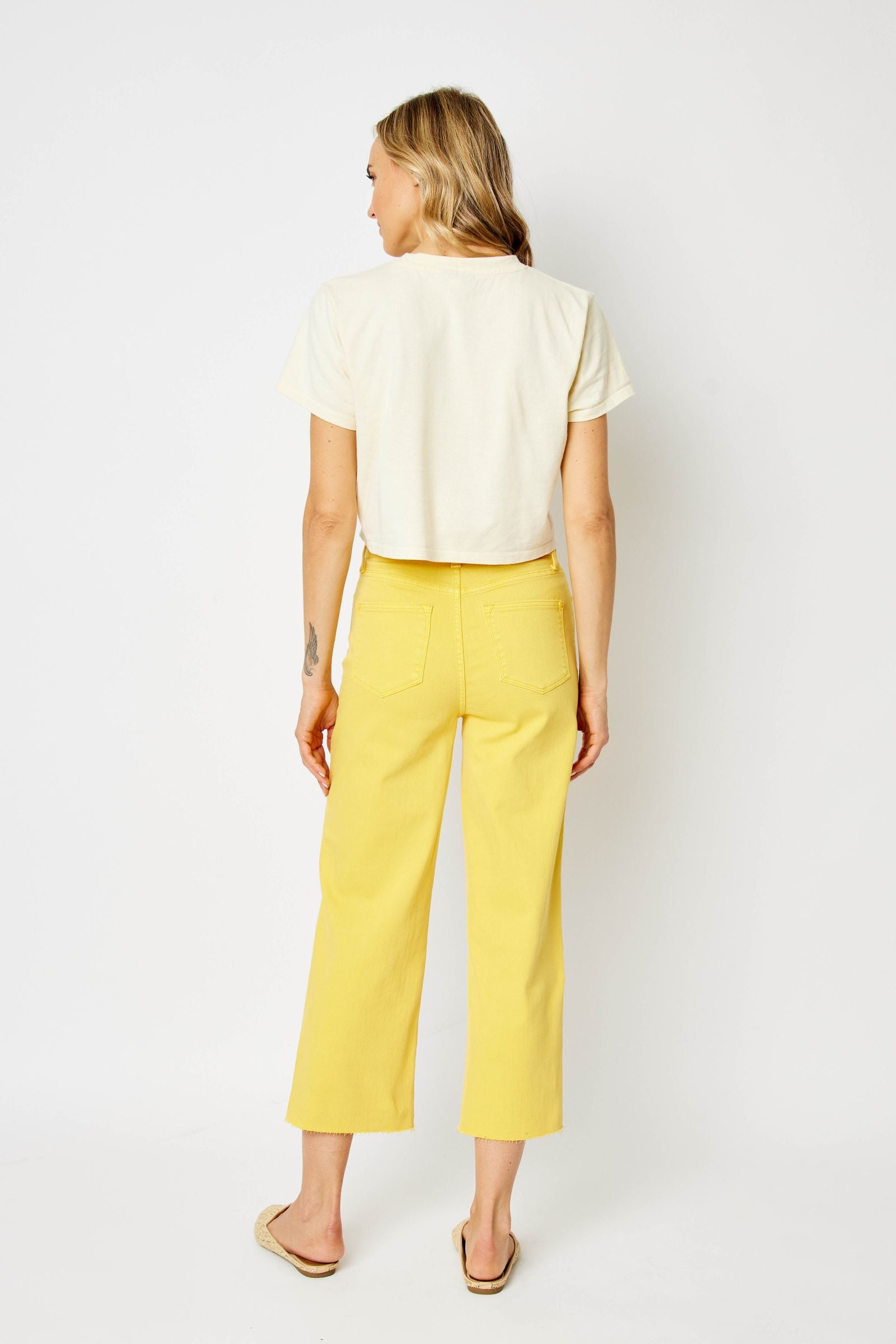YELLOW HIGH WAIST GARMENT DYED BRAIDED WAISTBAND CROP WIDE LEG DENIM JUDY BLUE