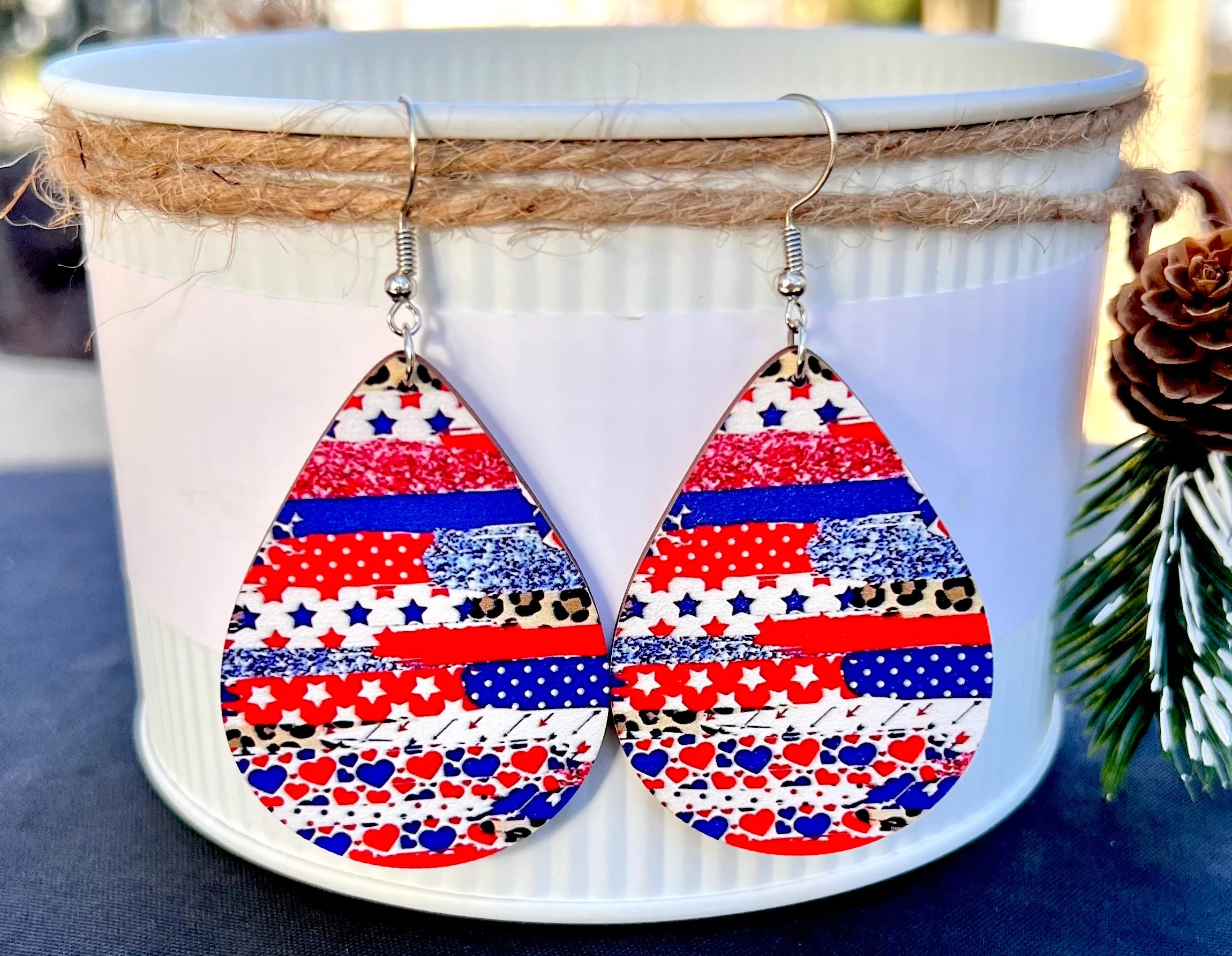 Patriotic Leopard Teardrop Wooden Earrings- SALE