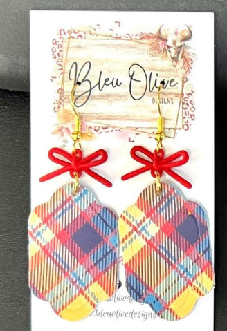 FALL COLORED PLAID FRAME-SHAPE SCALLOPED EDGES LEATHER WITH RED BOWS HANDMADE EARRINGS BY B.O.D
