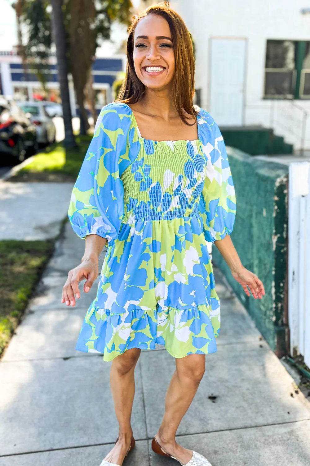 BLUE & LIME GREEN FIT & FLARE SMOCKED DRESS