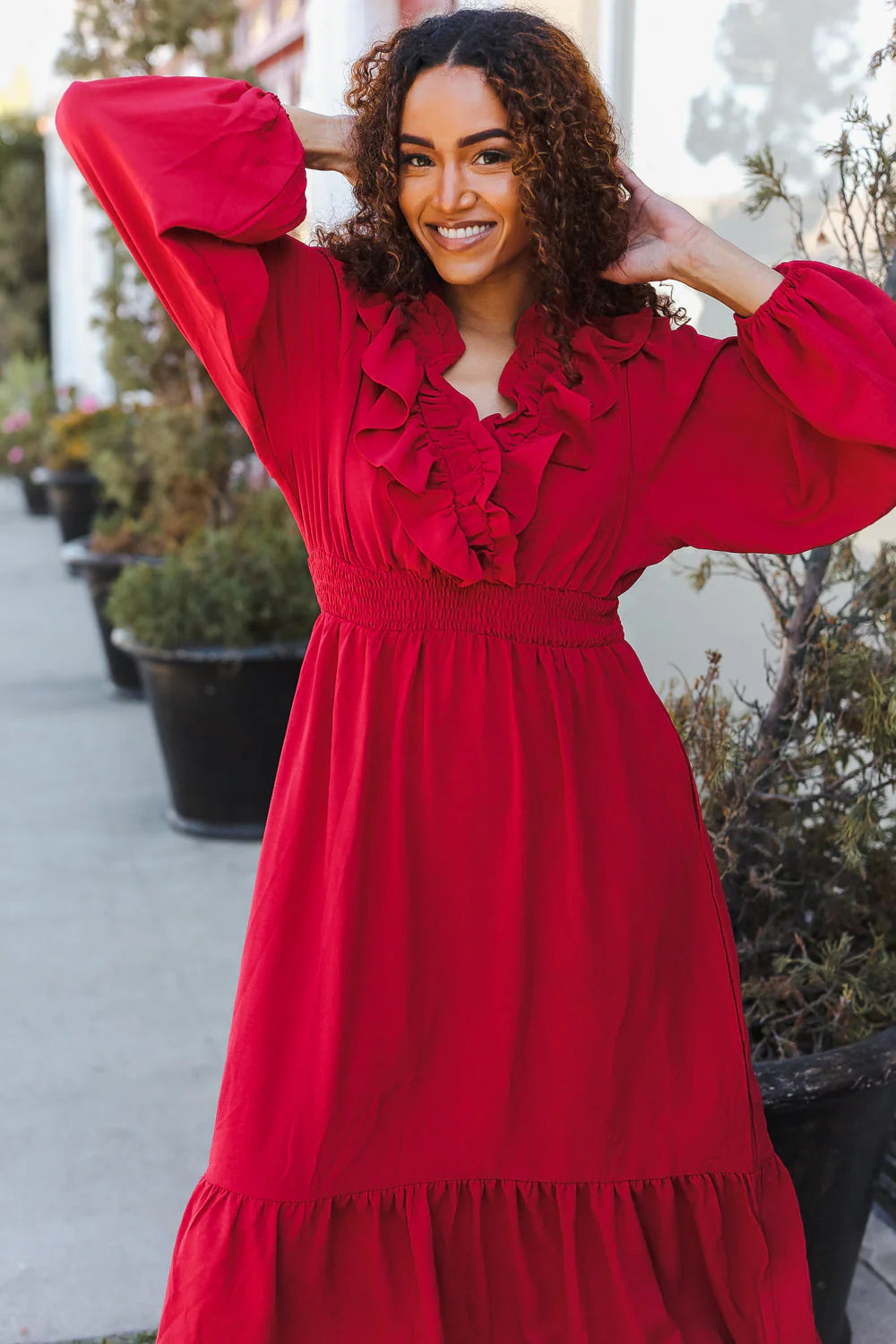 RED BEAUTIFUL YOU HOLIDAY RUFFLE SURPLICE VNECK MAXI DRESS-PLUS