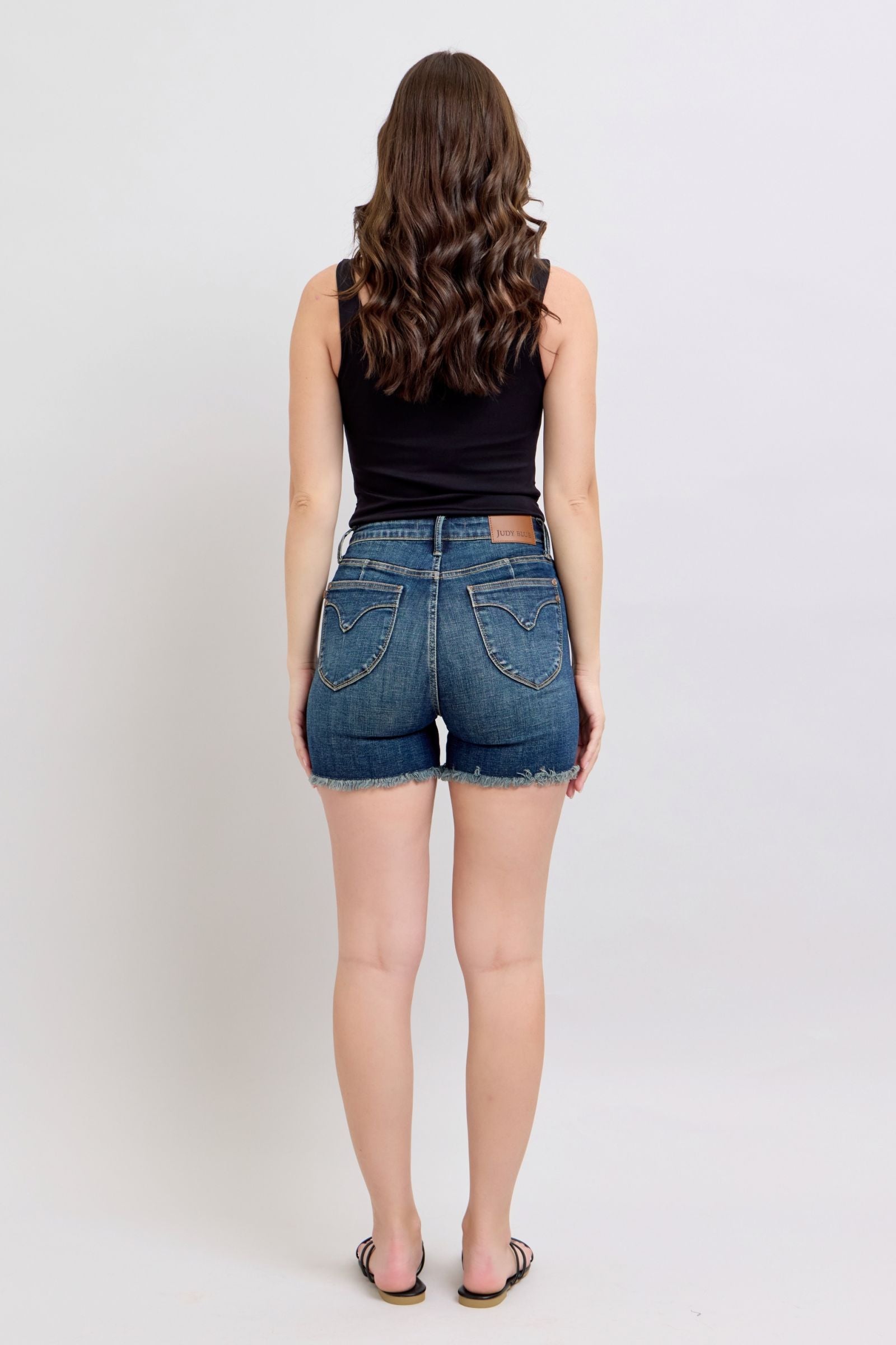DARKWASH TUMMY CONTROL HIGH WAIST FRAYED HEM SHIELD BACK POCKETS SHORTS JUDY BLUE DENIM-PLUS