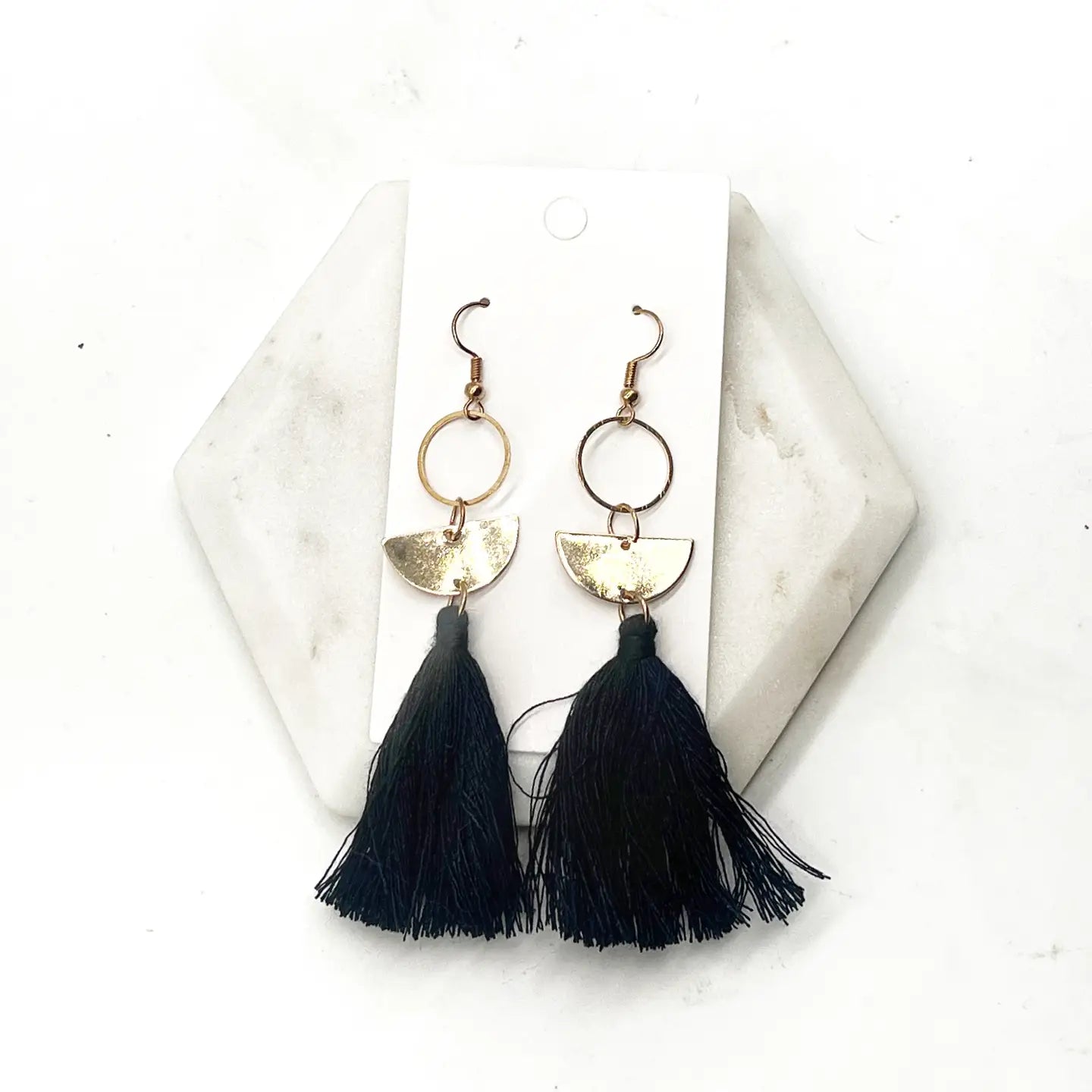 GOLD SEMI CIRCLE BLACK TASSEL STATEMENT HANDMADE BBB EARRINGS