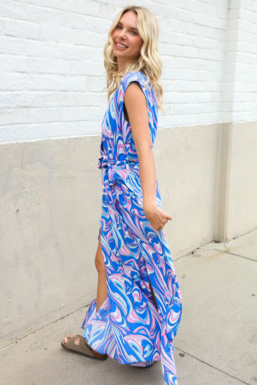 FLOWY PERIWINKLE BLUE MULTI ABSTRACT SIDE-SLIT MAXI DRESS-PLUS