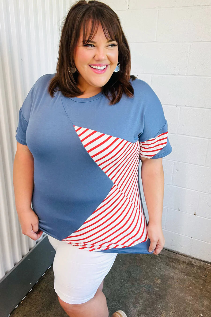 RED BLUE STAR STRIPE DETAIL FRENCH TERRY PATRIOTIC TOP- MEDIUM