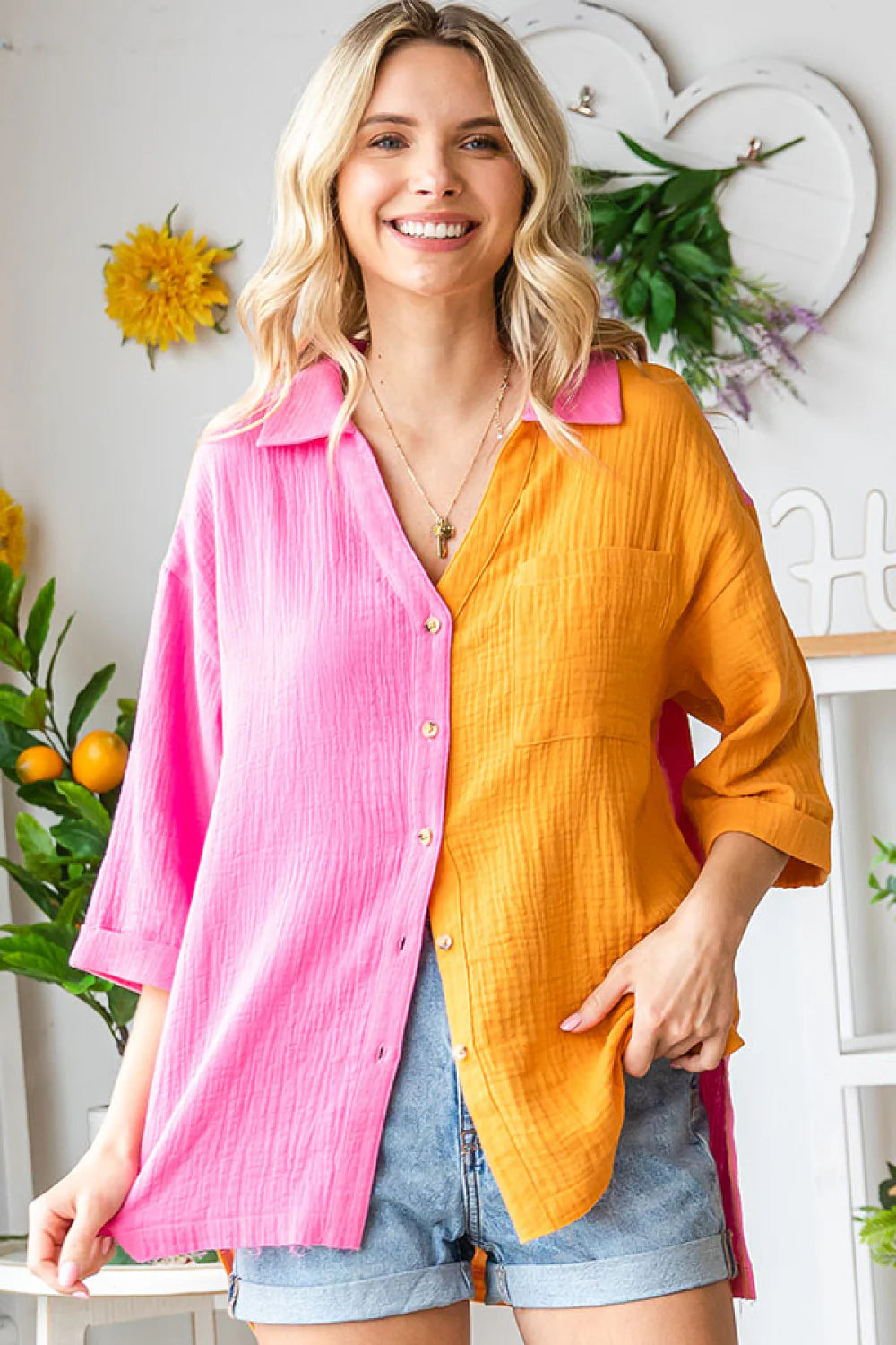 FUCHSIA ORANGE COLORBLOCK COLLARED BUTTON DOWN COTTON-GAUZE-LIKE MATERIAL FRONT POCKET TOP